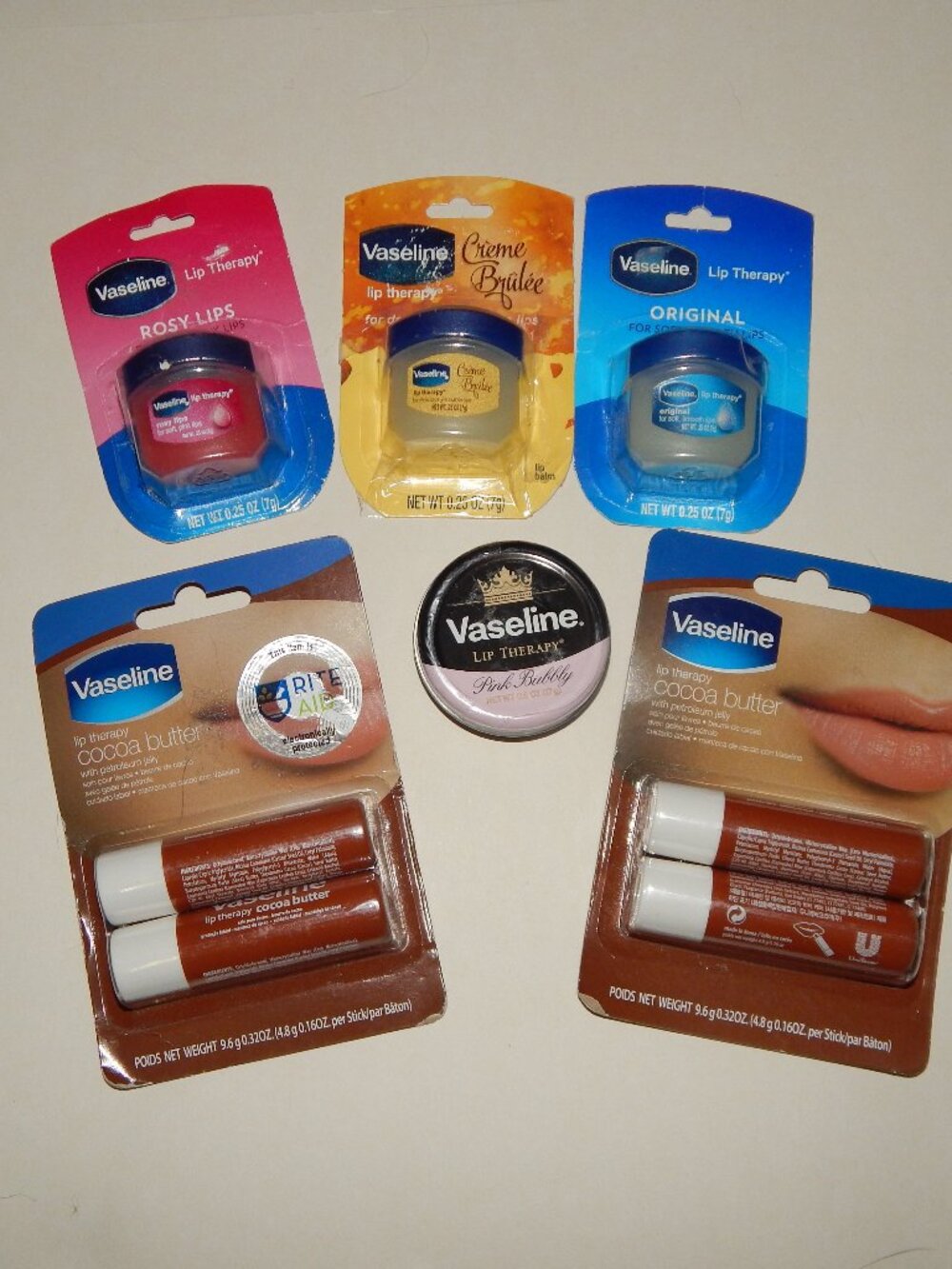 8 Vaseline Lip Balms - Creme Brulee - Rosy Lips - Pink Bubbly - Cocoa Butter